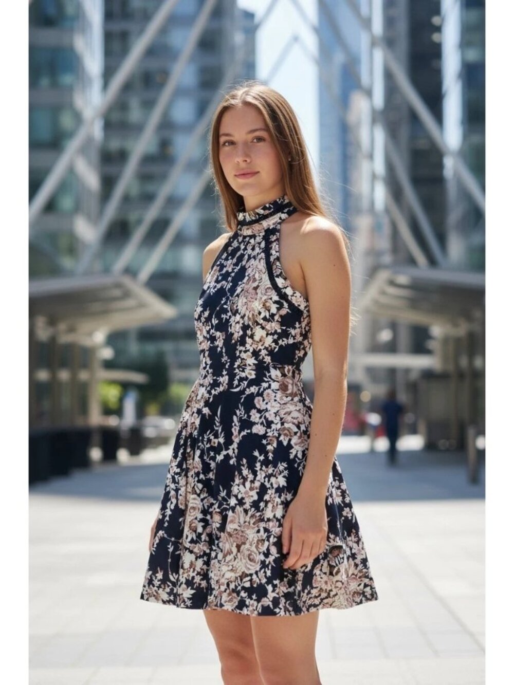 NWT B. DARLIN Navy Cream Floral High Neck Halter Top Skater Dress – Jr. Sz 1/2